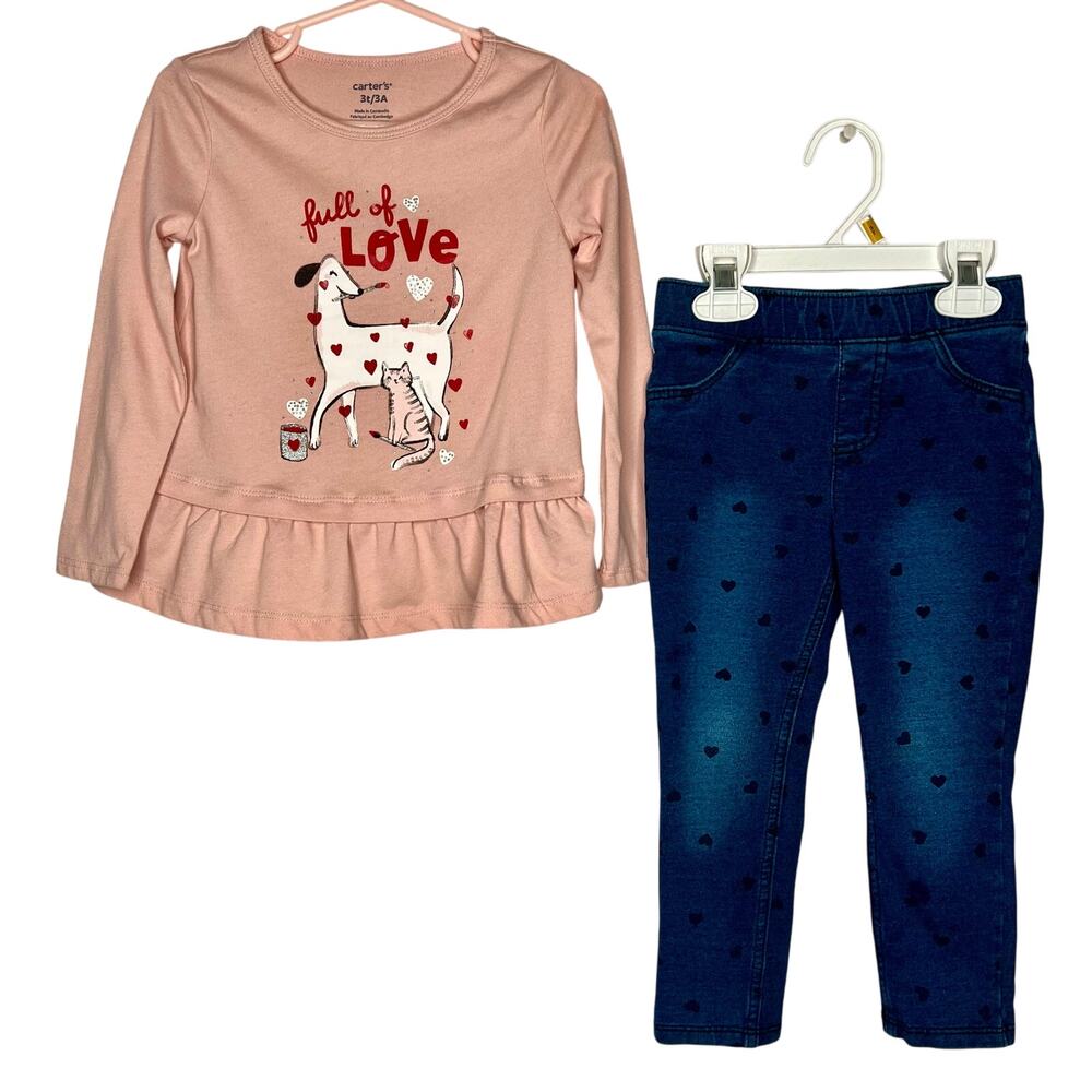 Carter’s “Full of Love” pink top, Jumping Beans dark wash faux jeans  Size 3T